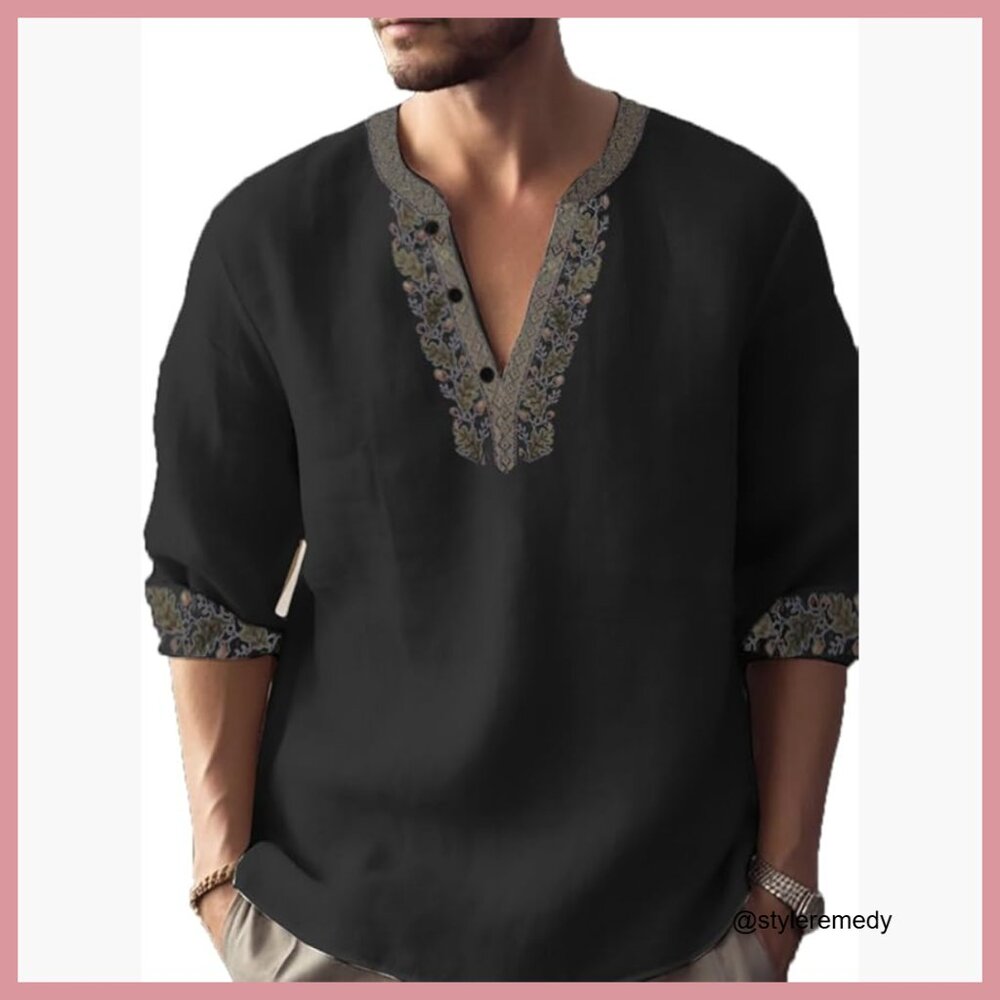 Mens Henley Long Sleeve Button Down Shirt Vintage Print Cotton Linen Blend